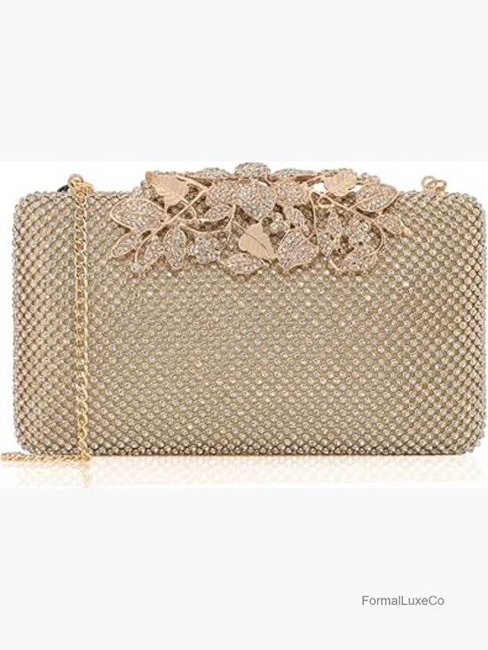 Handbags - Evening Clutch Bag with Rhinestone Flower Clasp, Crystal Purse for Wedding